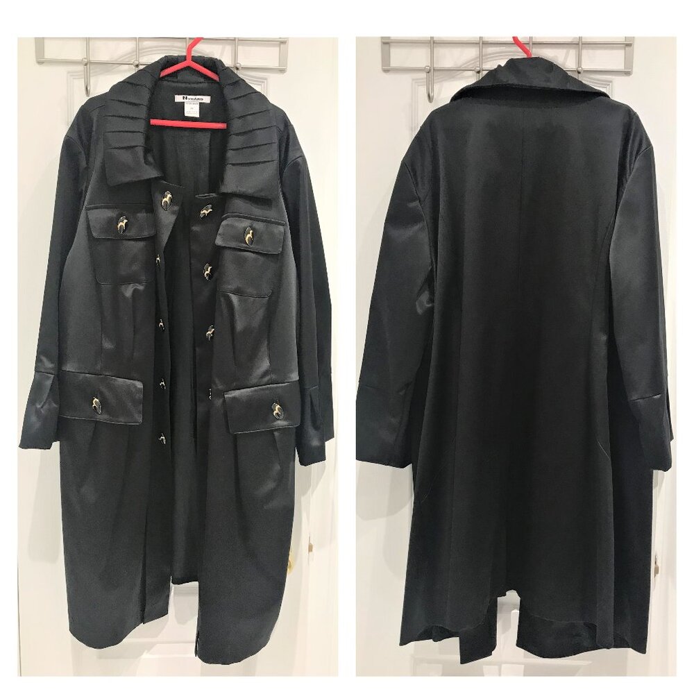 Nygard Collection Black Satin Open Front Pleated Collar Dress Coat Size 20